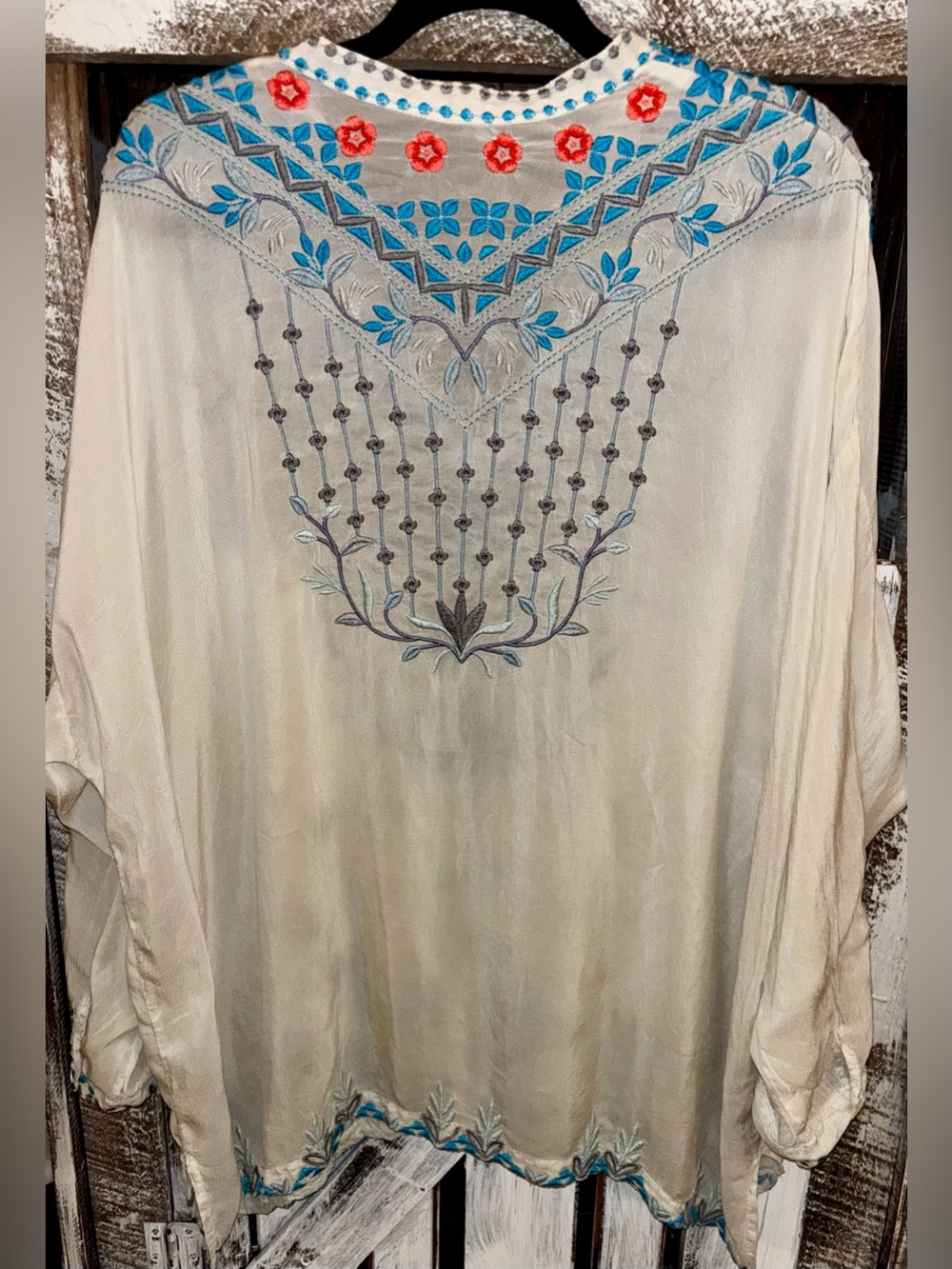 Johnny Was Embroidered Floral V Neck Tunic Top in Blue//Gray - Picture 5 of 5
